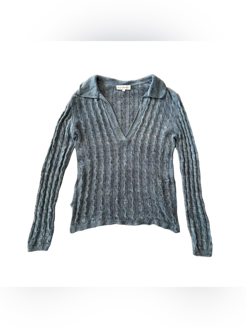White + Warren Women's Blue Cable Knit V-Neck Polo Linen Cotton Sweater Size S